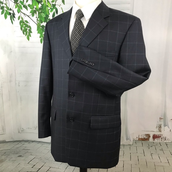 Tasso Elba 3-Button Wool Navy Plaid Sport Coat 40R - Picture 1 of 8